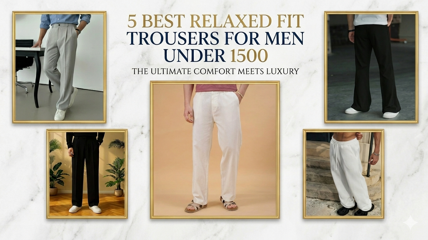 Collage of five stylish relaxed fit trousers for men including cream cotton, silver pleated, and black flared styles under 1500 rupees for a luxury aesthetic